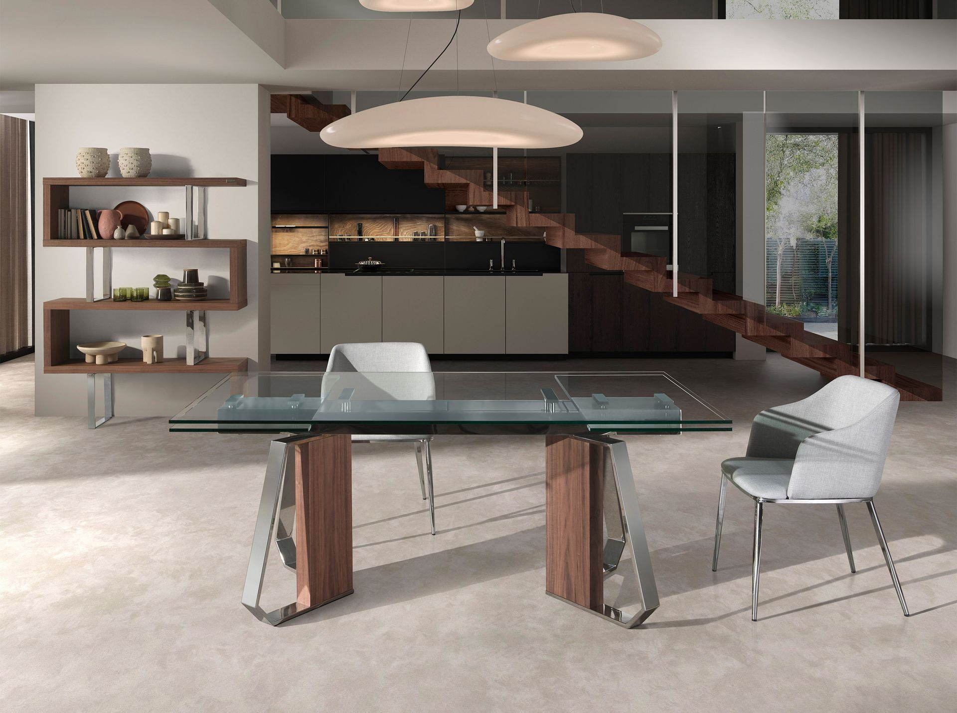 Mesa comedor extensible rectangular cristal templado, nogal y acero cromado Mesa comedor extensible rectangular cristal templado, nogal y acero cromado