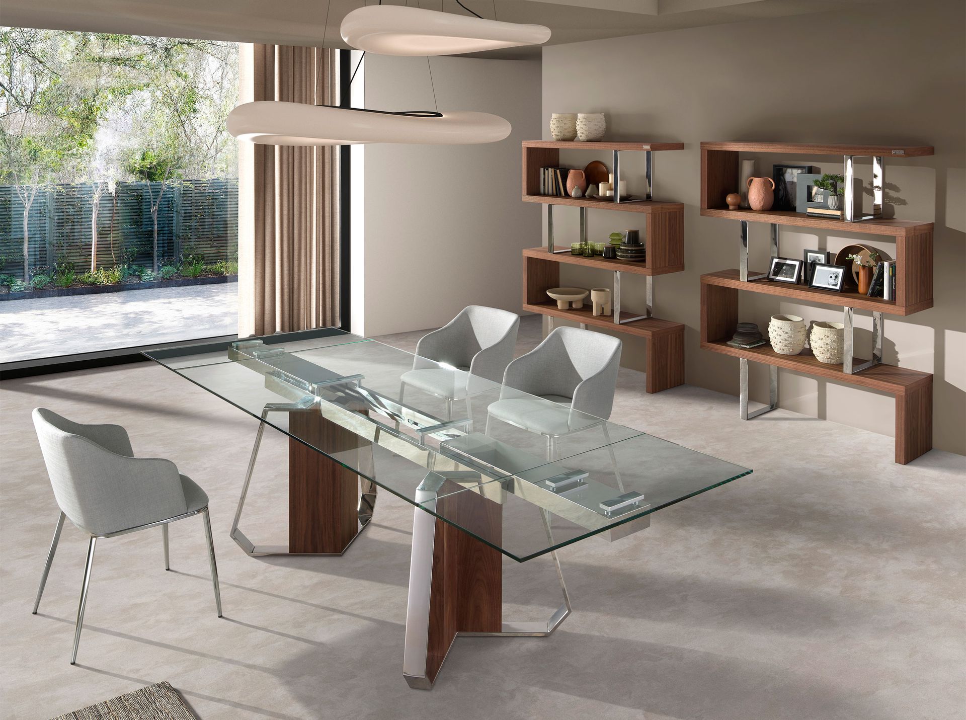 Mesa comedor extensible rectangular cristal templado, nogal y acero cromado Mesa comedor extensible rectangular cristal templado, nogal y acero cromado