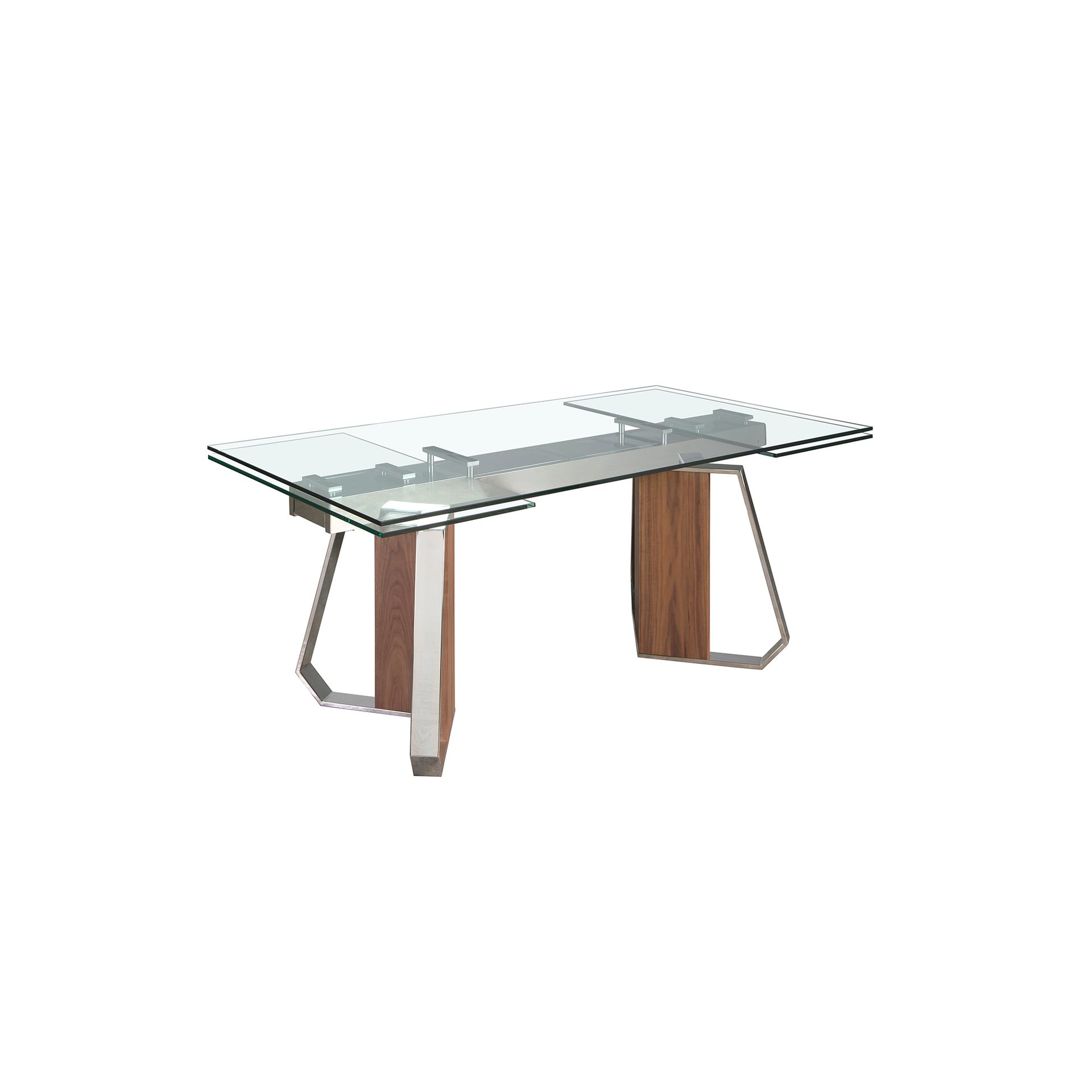 Mesa comedor extensible rectangular cristal templado, nogal y acero cromado Mesa comedor extensible rectangular cristal templado, nogal y acero cromado