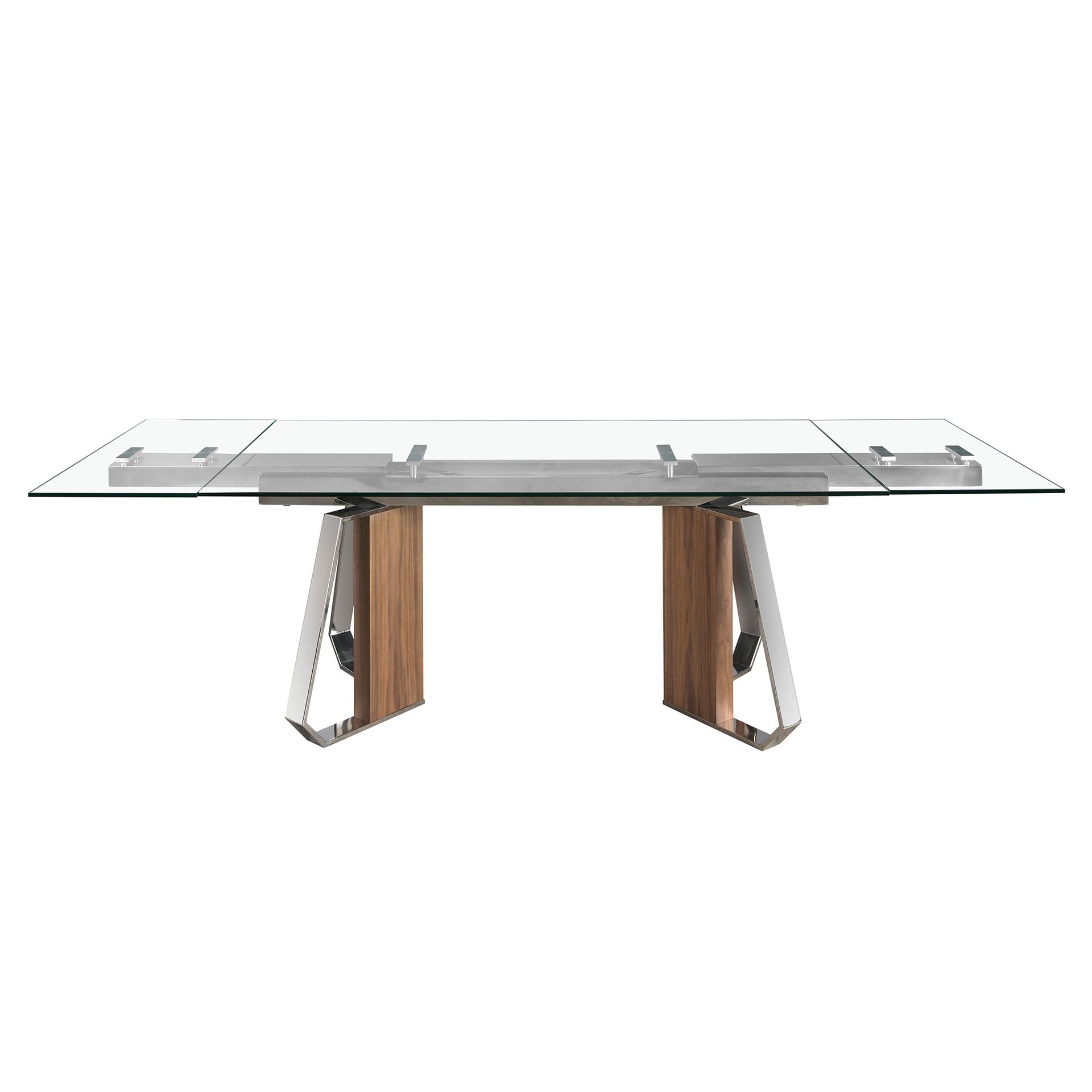 Mesa comedor extensible rectangular cristal templado, nogal y acero cromado Mesa comedor extensible rectangular cristal templado, nogal y acero cromado