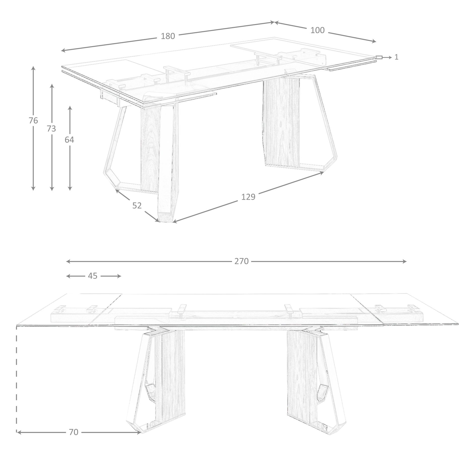 Mesa comedor extensible rectangular cristal templado, nogal y acero cromado Mesa comedor extensible rectangular cristal templado, nogal y acero cromado