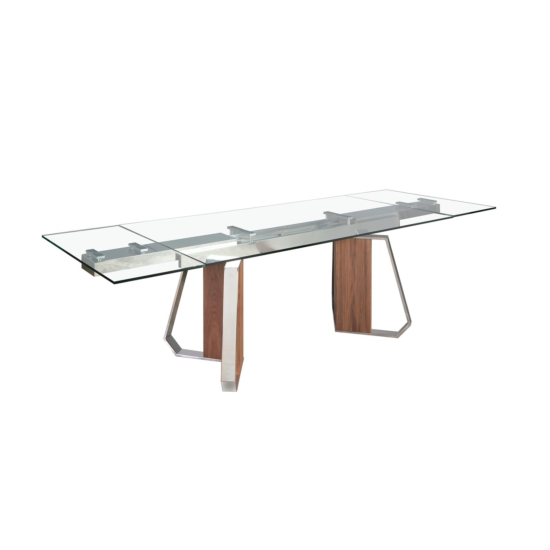 Mesa comedor extensible rectangular cristal templado, nogal y acero cromado Mesa comedor extensible rectangular cristal templado, nogal y acero cromado