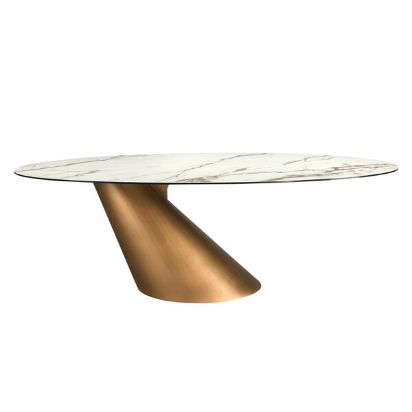 Mesa comedor ovalada mármol porcelánico y acero color bronce