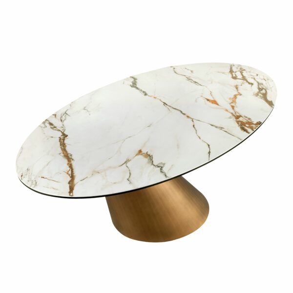 Mesa comedor ovalada mármol porcelánico y acero color bronce