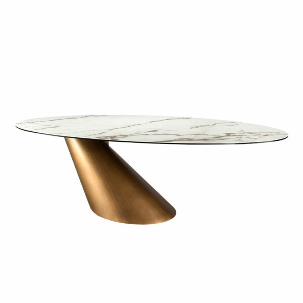 Mesa comedor ovalada mármol porcelánico y acero color bronce