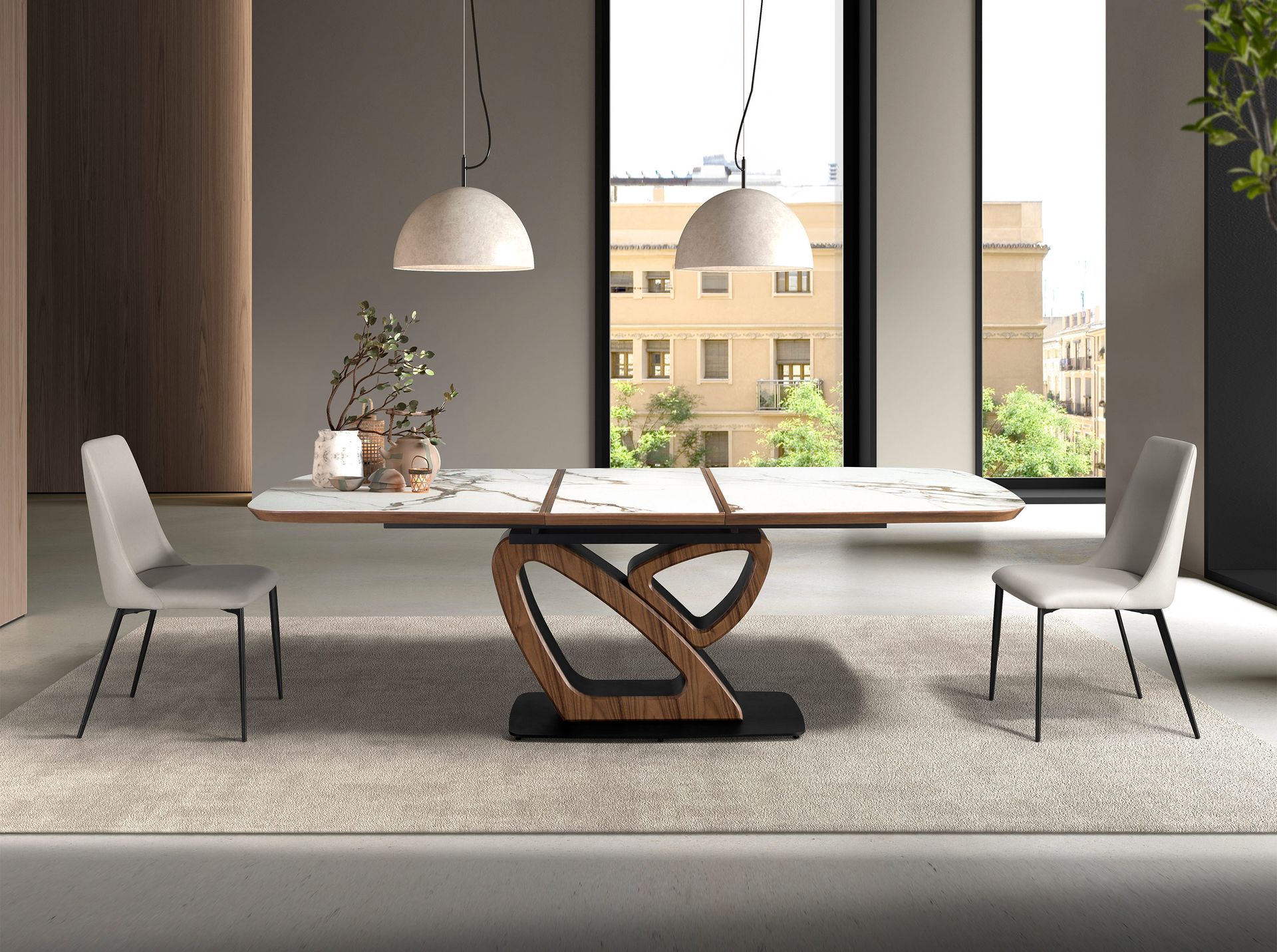 Mesa comedor extensible ovalada barril mármol porcelánico y nogal Mesa comedor extensible ovalada barril mármol porcelánico y nogal