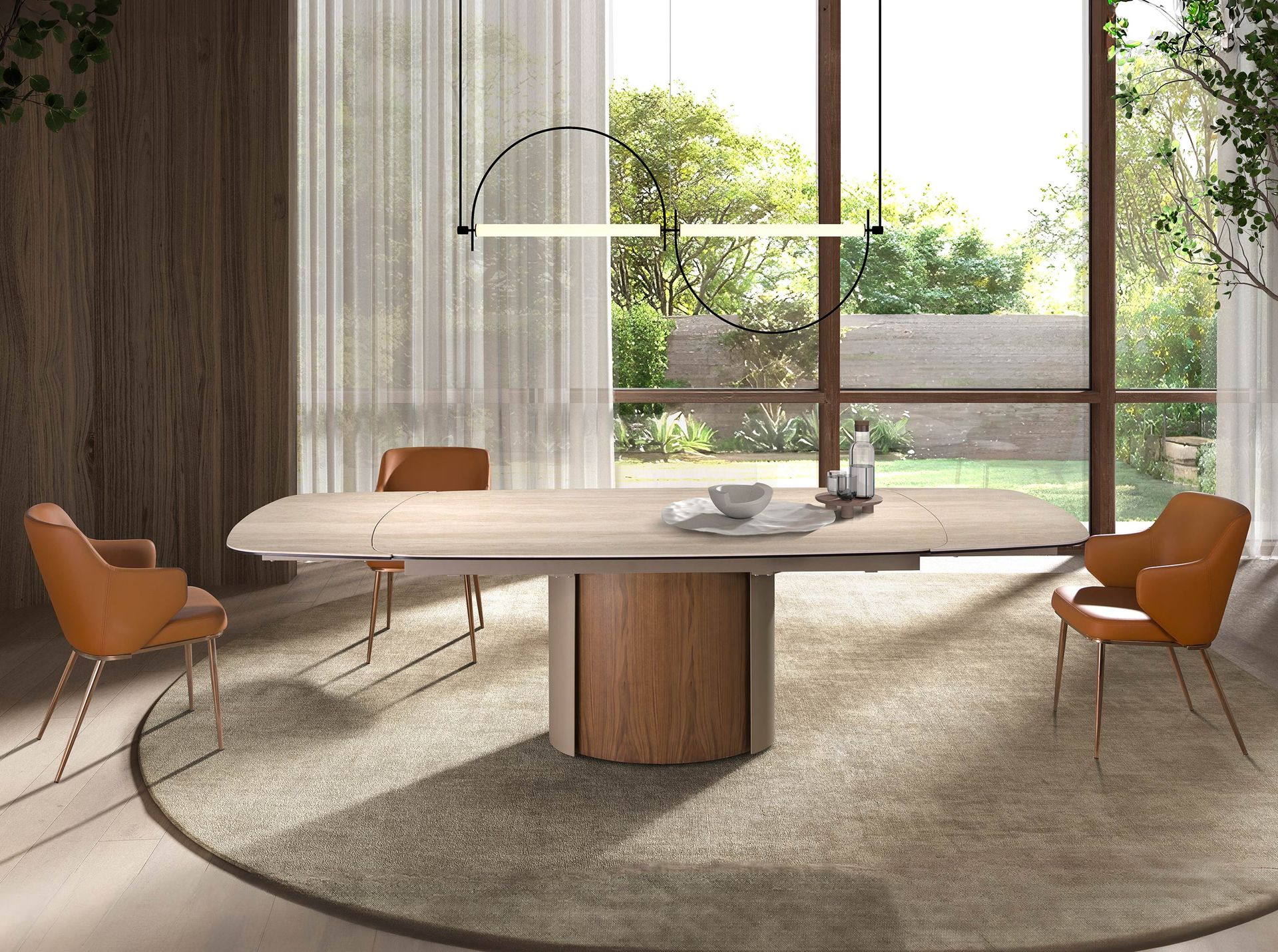 Mesa comedor extensible rectangular mármol porcelánico, acero arena metalizado y nogal Mesa comedor extensible rectangular mármol porcelánico, acero arena metalizado y nogal