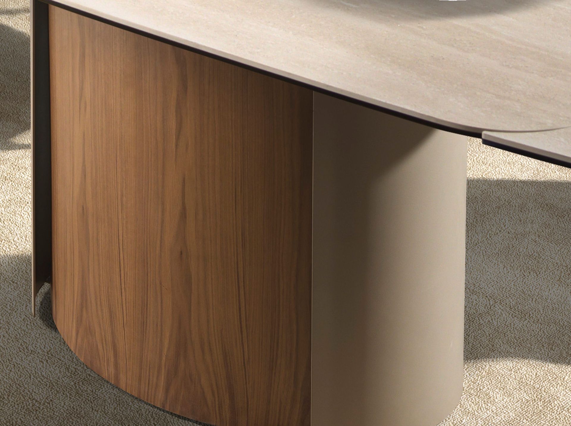 Mesa comedor extensible rectangular mármol porcelánico, acero arena metalizado y nogal Mesa comedor extensible rectangular mármol porcelánico, acero arena metalizado y nogal