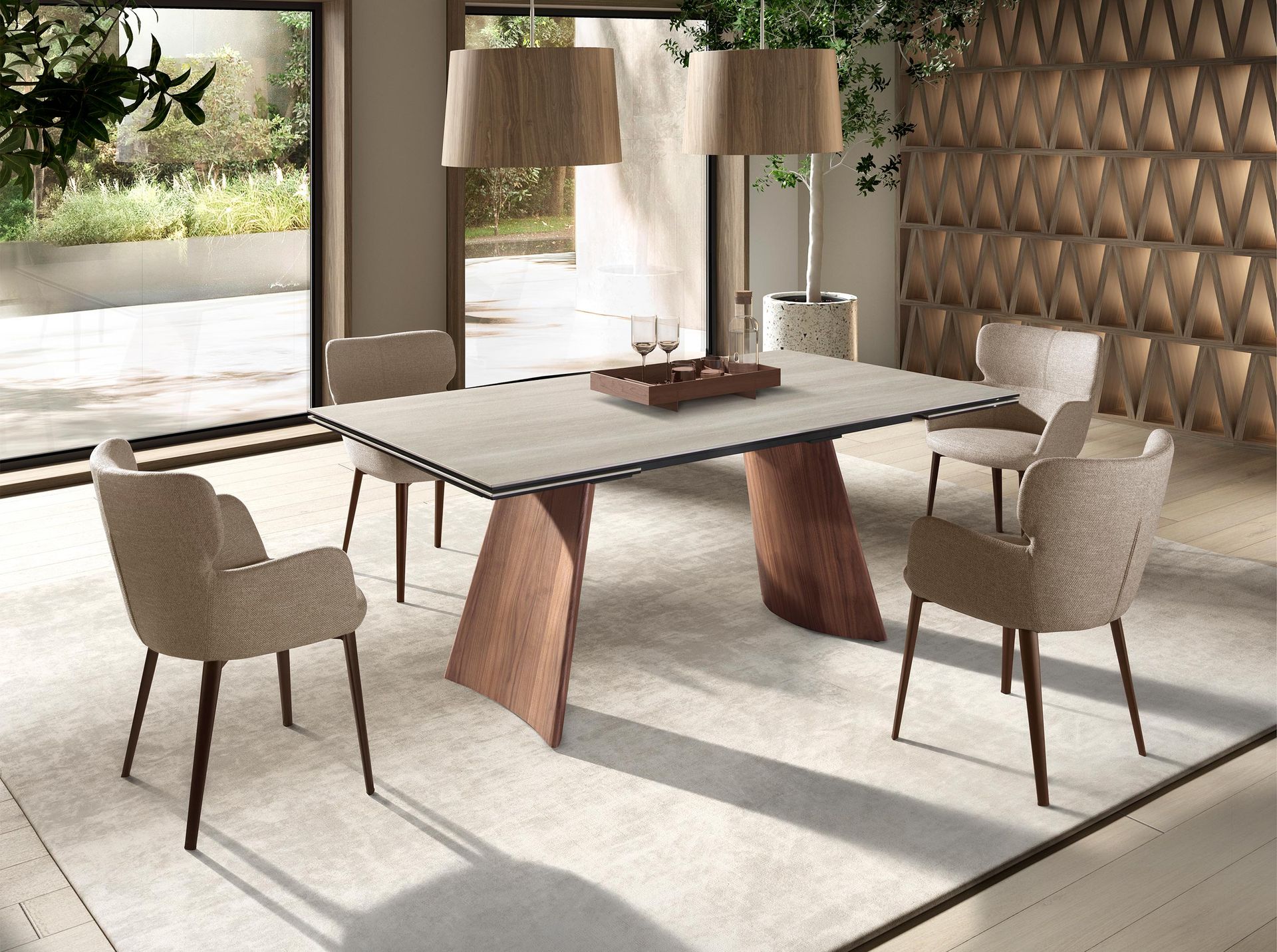 Mesa comedor extensible rectangular mármol porcelánico y acero efecto nogal Mesa comedor extensible rectangular mármol porcelánico y acero efecto nogal