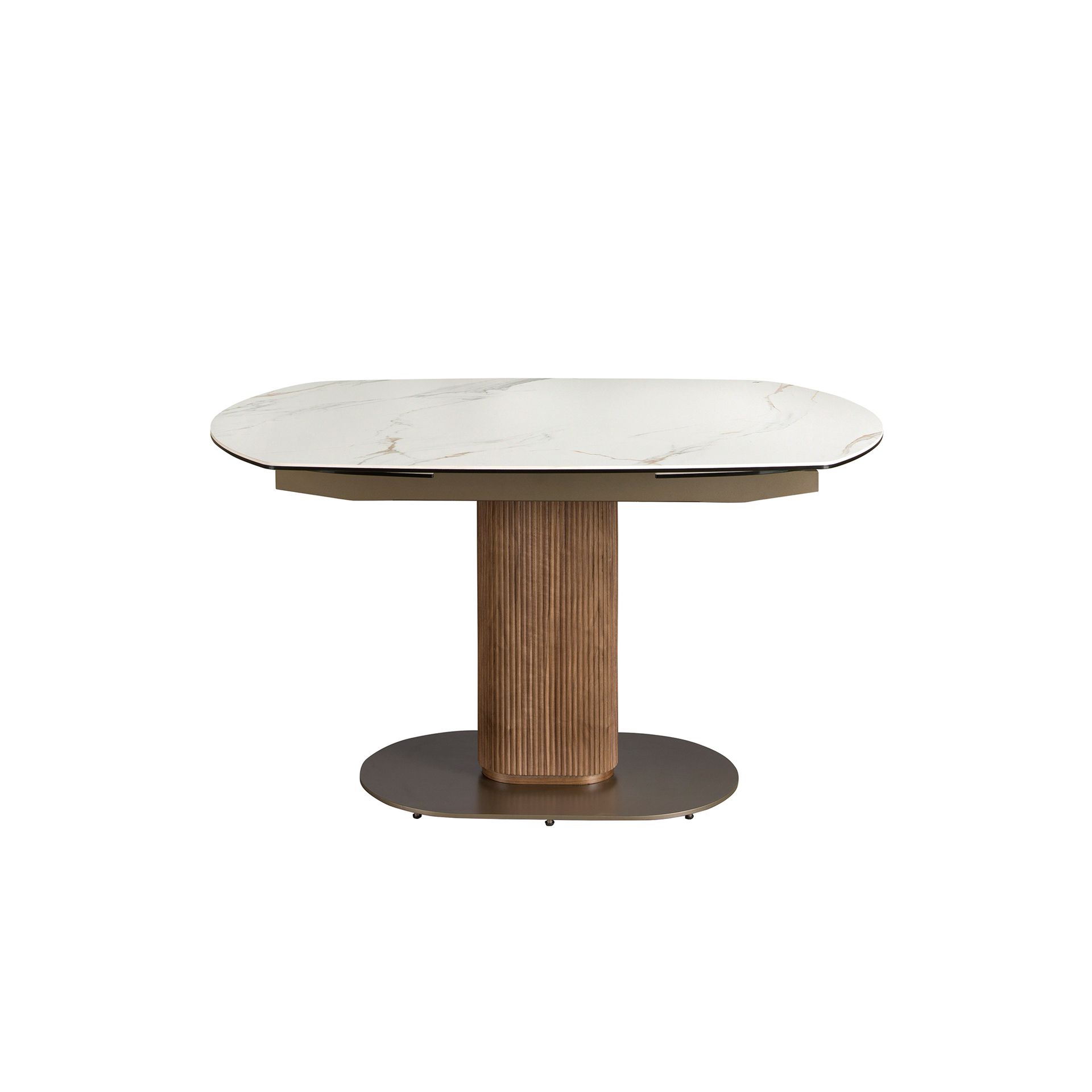 Mesa comedor extensible ovalada barril mármol porcelánico y nogal Mesa comedor extensible ovalada barril mármol porcelánico y nogal