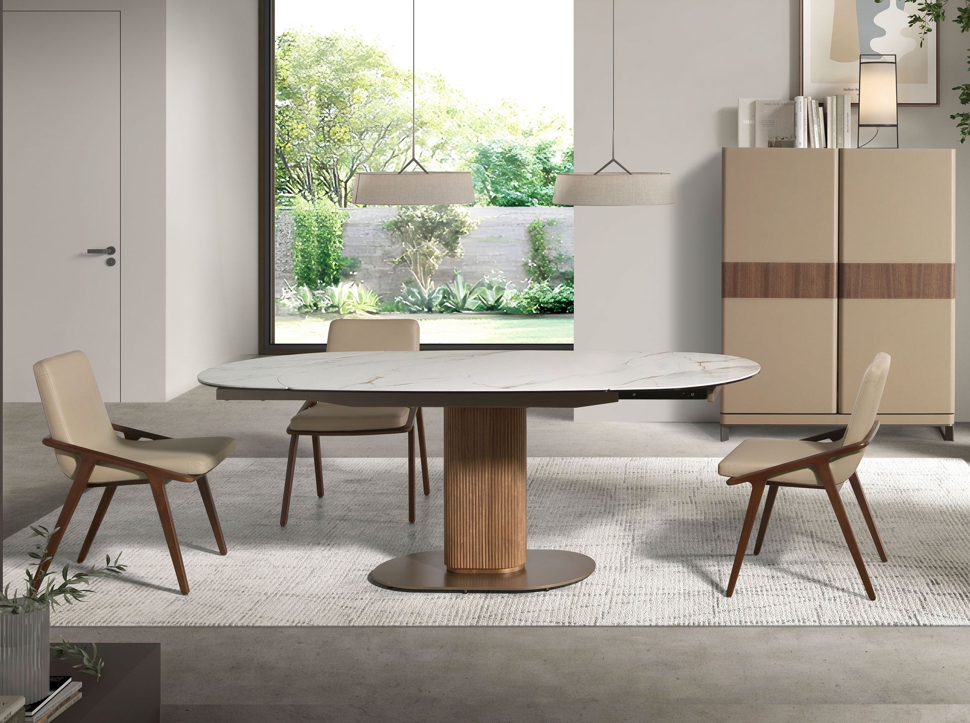 Mesa comedor extensible ovalada barril mármol porcelánico y nogal Mesa comedor extensible ovalada barril mármol porcelánico y nogal