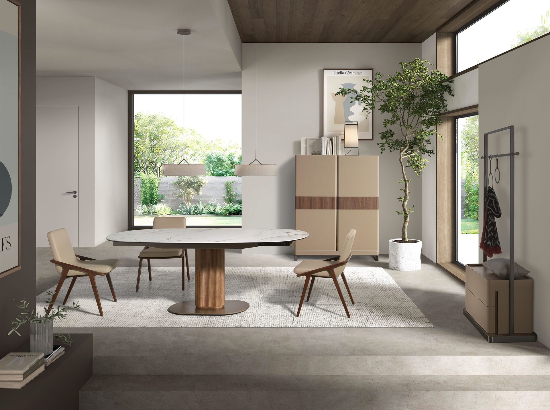 Mesa comedor extensible ovalada barril mármol porcelánico y nogal Mesa comedor extensible ovalada barril mármol porcelánico y nogal