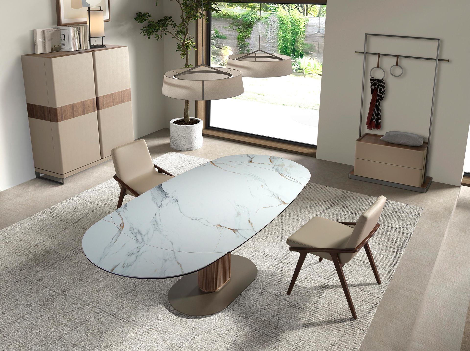 Mesa comedor extensible ovalada barril mármol porcelánico y nogal Mesa comedor extensible ovalada barril mármol porcelánico y nogal