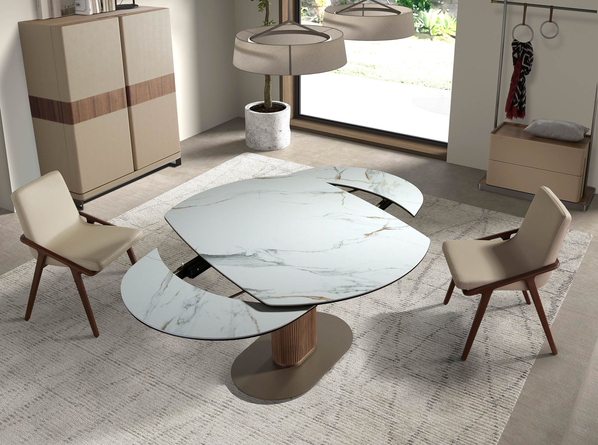 Mesa comedor extensible ovalada barril mármol porcelánico y nogal Mesa comedor extensible ovalada barril mármol porcelánico y nogal