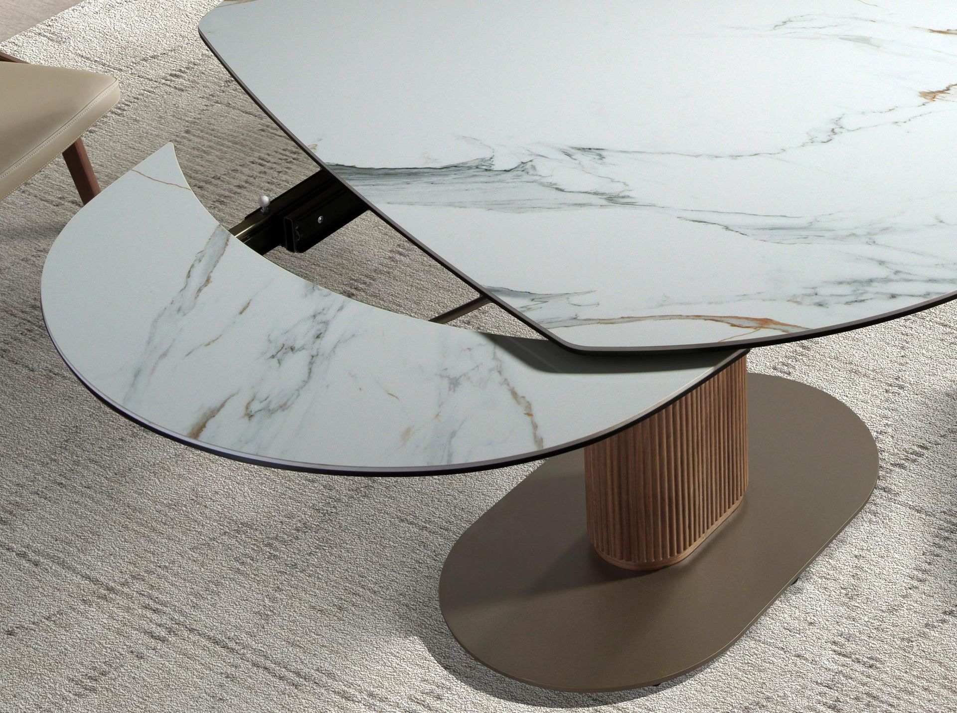 Mesa comedor extensible ovalada barril mármol porcelánico y nogal Mesa comedor extensible ovalada barril mármol porcelánico y nogal