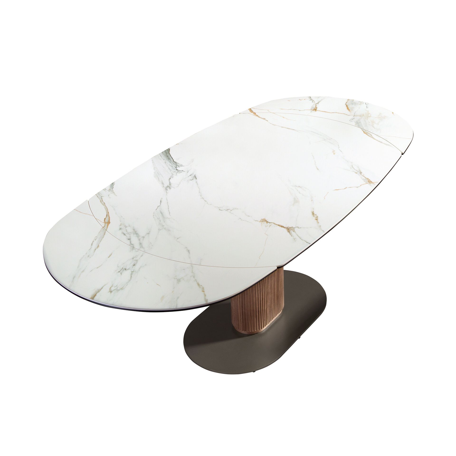 Mesa comedor extensible ovalada barril mármol porcelánico y nogal Mesa comedor extensible ovalada barril mármol porcelánico y nogal