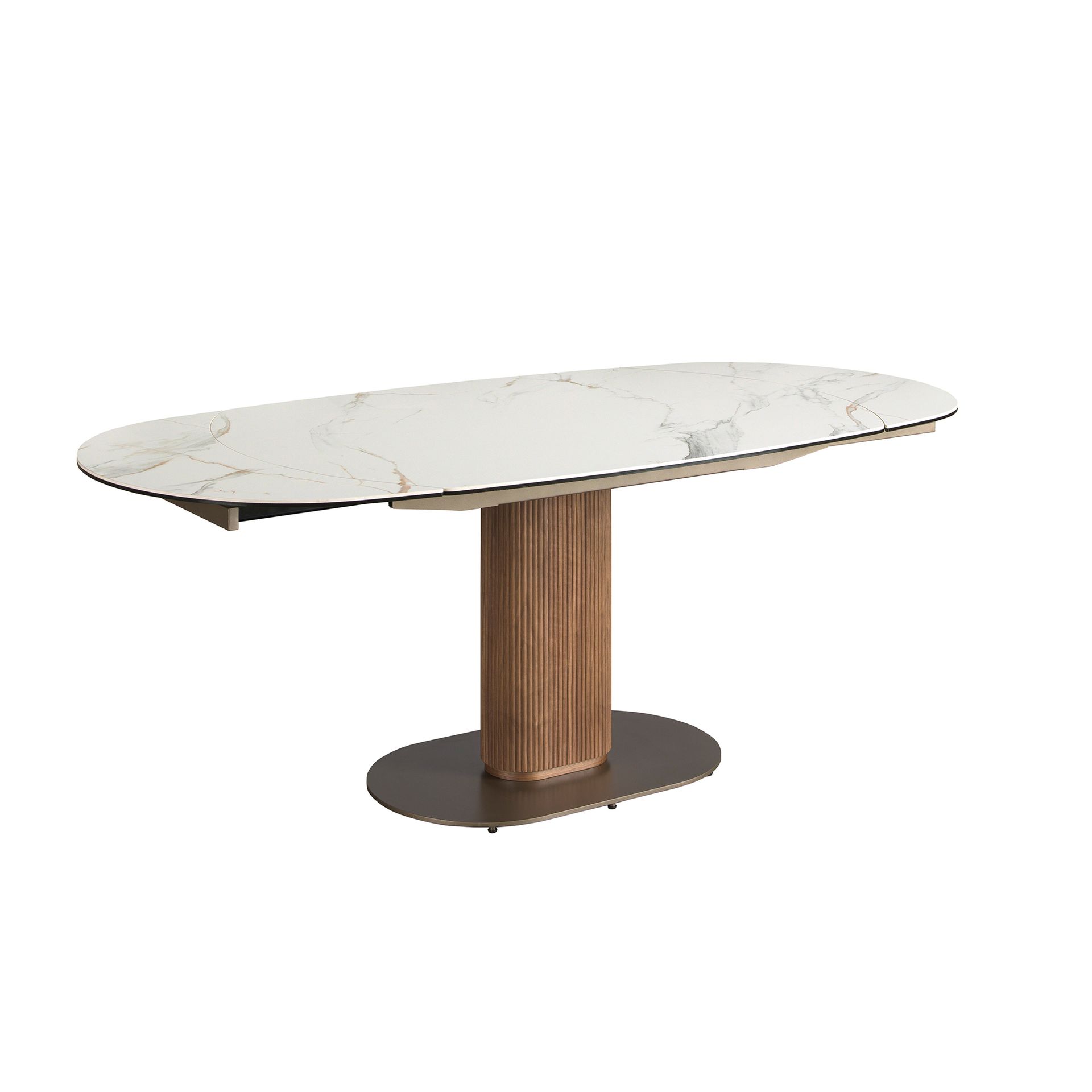 Mesa comedor extensible ovalada barril mármol porcelánico y nogal Mesa comedor extensible ovalada barril mármol porcelánico y nogal