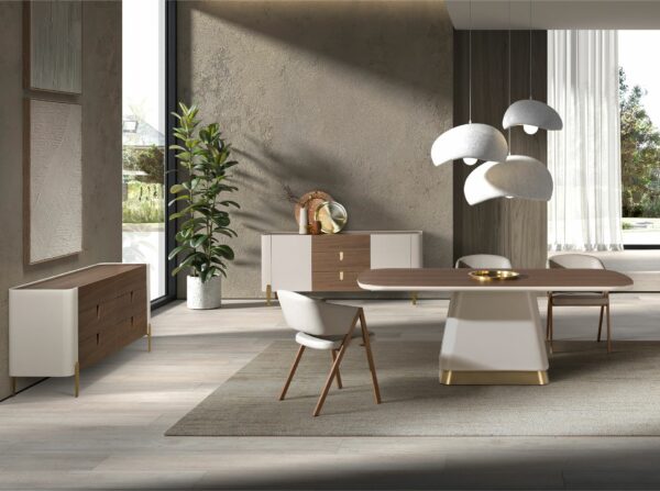Mesa comedor rectangular nogal y madera beige