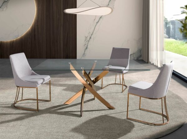 Mesa comedor rectangular cristal templado y acero rosa