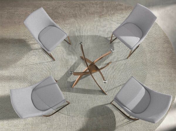 Mesa comedor redonda cristal templado y acero rosa