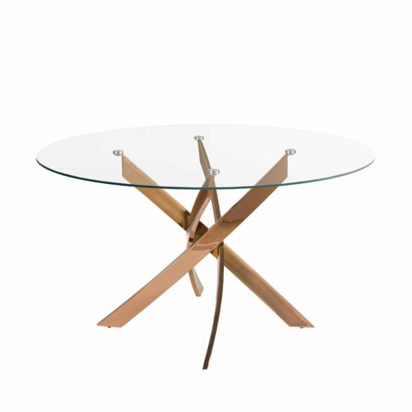 Mesa comedor redonda cristal templado y acero rosa