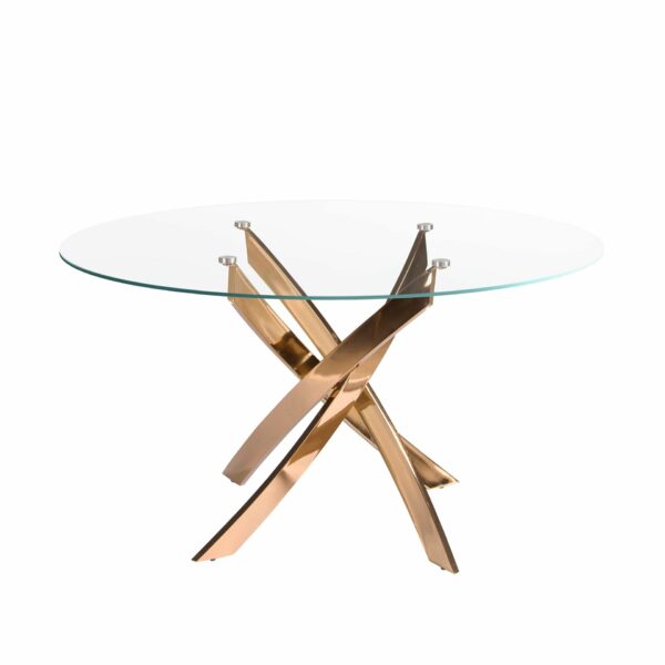 Mesa comedor redonda cristal templado y acero rosa