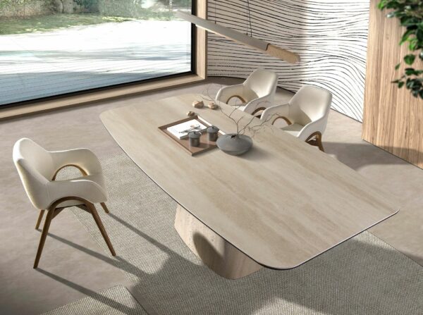 Mesa comedor ovalada barril mármol porcelánico
