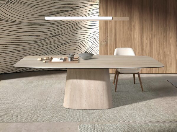 Mesa comedor ovalada barril mármol porcelánico