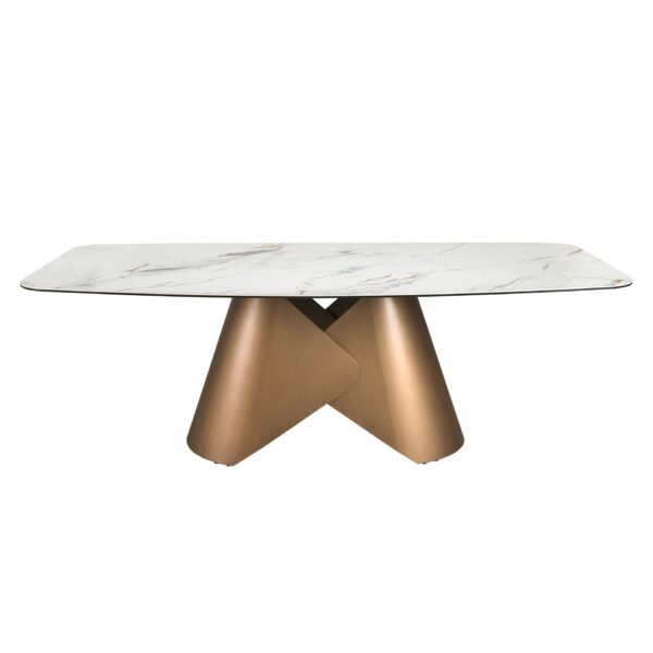 Mesa comedor ovalada barril mármol porcelánico y acero color bronce