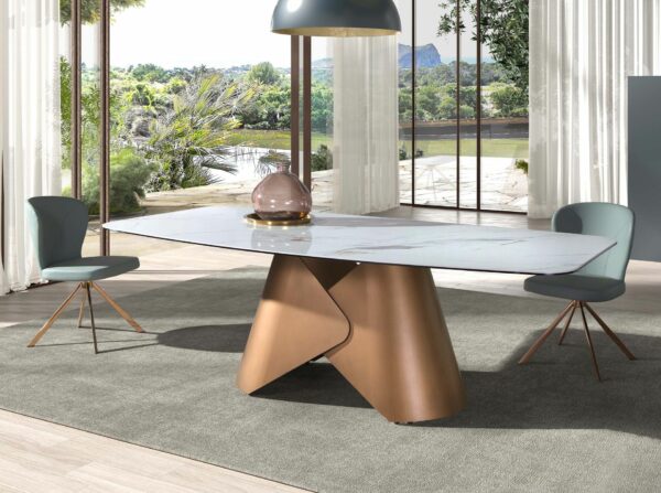 Mesa comedor ovalada barril mármol porcelánico y acero color bronce