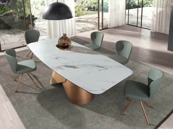 Mesa comedor ovalada barril mármol porcelánico y acero color bronce