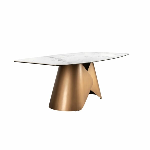 Mesa comedor ovalada barril mármol porcelánico y acero color bronce