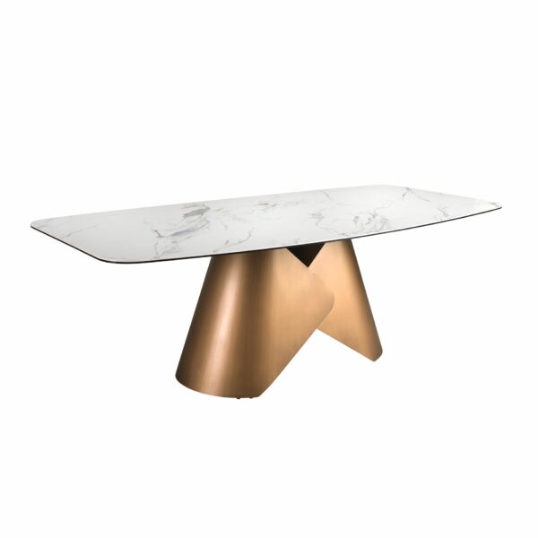 Mesa comedor ovalada barril mármol porcelánico y acero color bronce