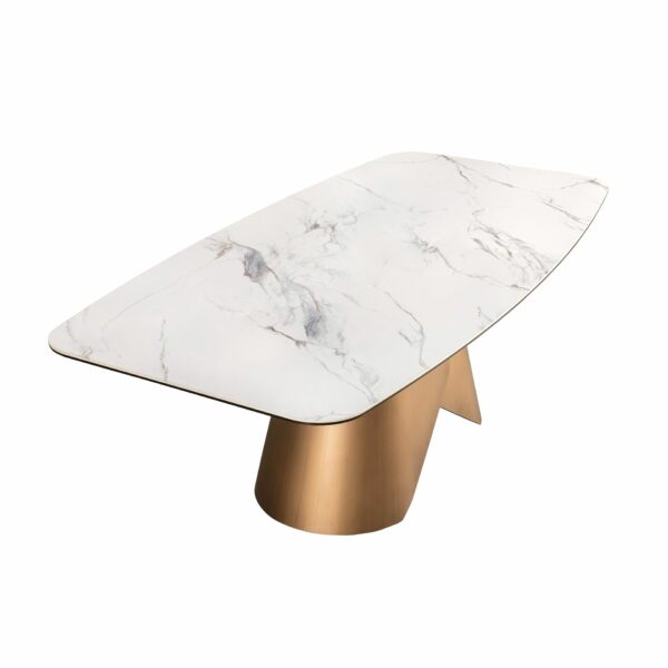 Mesa comedor ovalada barril mármol porcelánico y acero color bronce