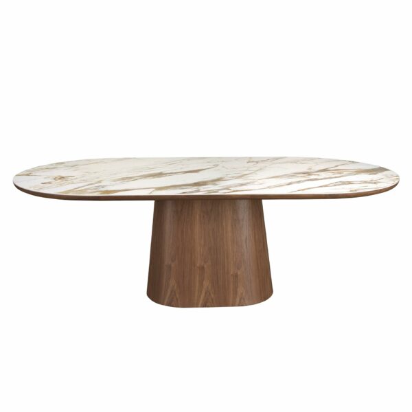 Mesa comedor ovalada medio punto mármol porcelánico y nogal