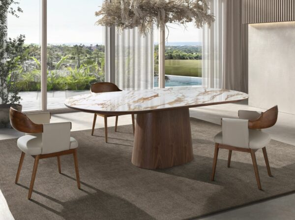 Mesa comedor ovalada medio punto mármol porcelánico y nogal