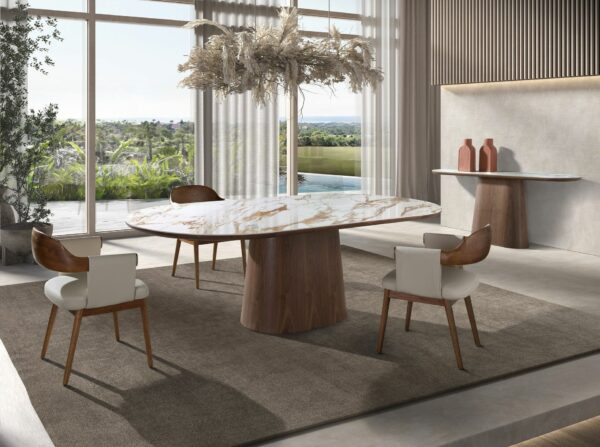 Mesa comedor ovalada medio punto mármol porcelánico y nogal