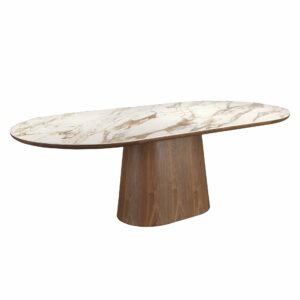 Mesa comedor ovalada medio punto mármol porcelánico y nogal Mesa comedor ovalada medio punto mármol porcelánico y nogal
