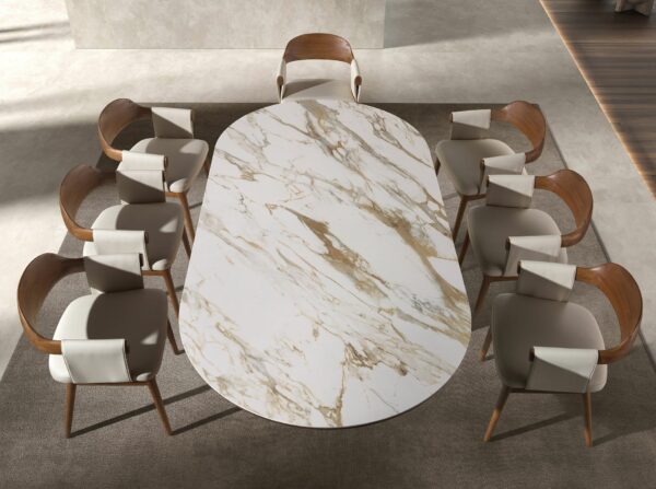Mesa comedor ovalada medio punto mármol porcelánico y nogal