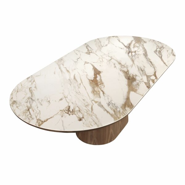 Mesa comedor ovalada medio punto mármol porcelánico y nogal