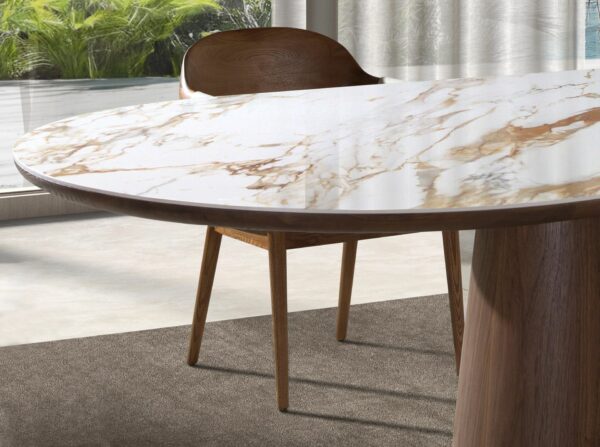 Mesa comedor ovalada medio punto mármol porcelánico y nogal