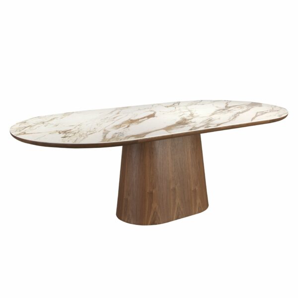 Mesa comedor ovalada medio punto mármol porcelánico y nogal