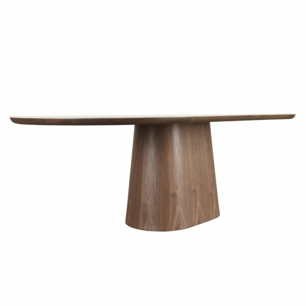 Mesa comedor ovalada medio punto mármol porcelánico y nogal