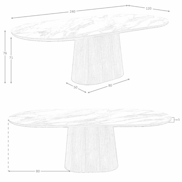 Mesa comedor ovalada medio punto mármol porcelánico y nogal