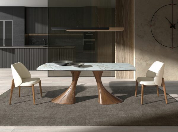 Mesa comedor ovalada barril mármol porcelánico y nogal