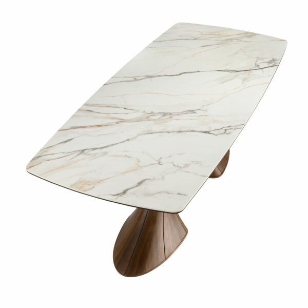 Mesa comedor ovalada barril mármol porcelánico y nogal