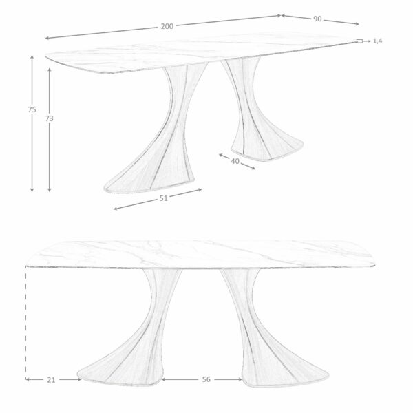 Mesa comedor ovalada barril mármol porcelánico y nogal