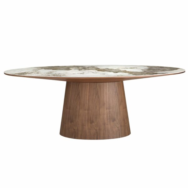 Mesa comedor ovalada mármol porcelánico y nogal