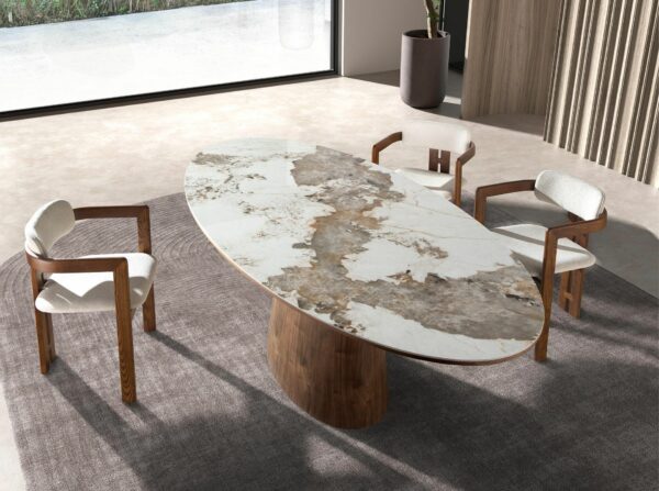 Mesa comedor ovalada mármol porcelánico y nogal