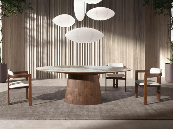 Mesa comedor ovalada mármol porcelánico y nogal